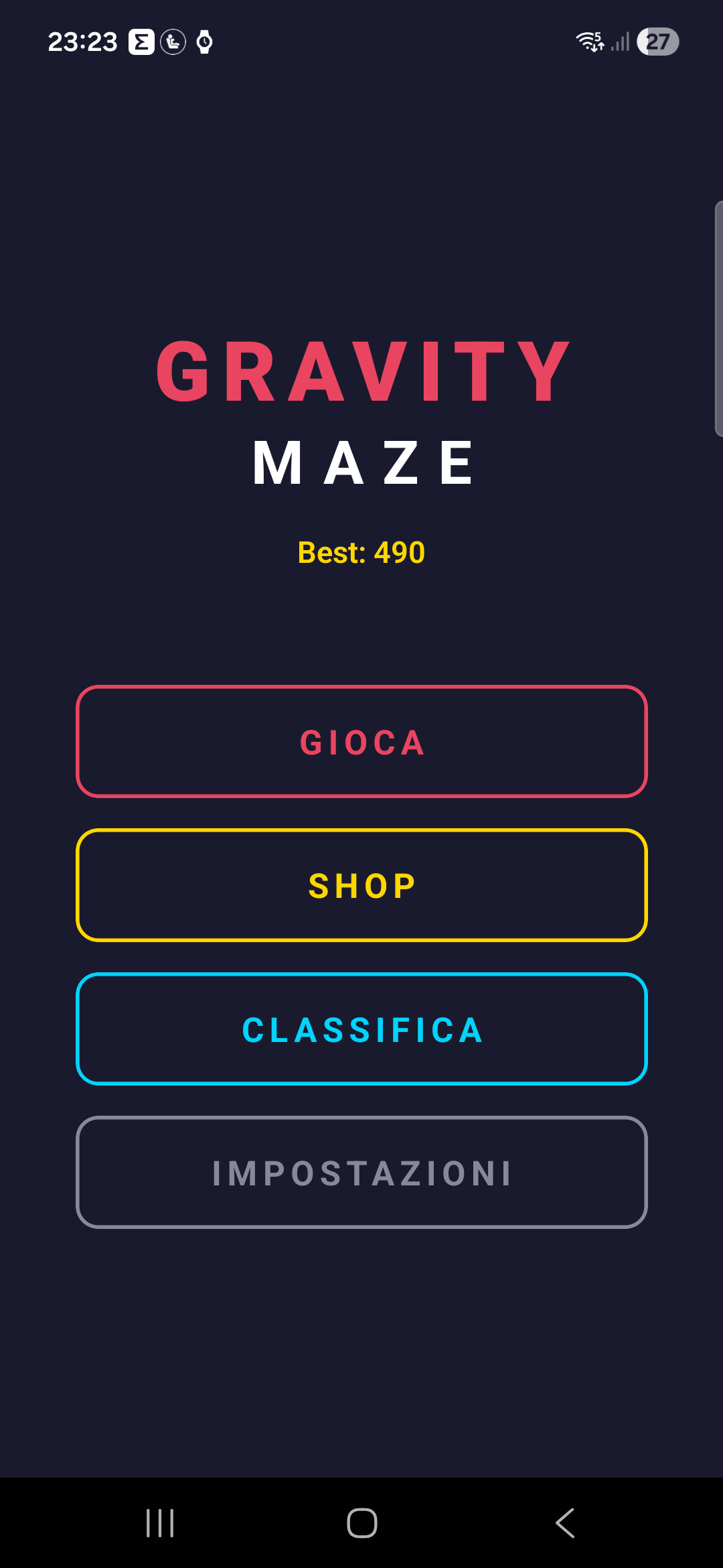 Gravity Maze menu principale